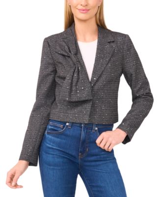 CeCe - Women's Cropped Long Sleeve Lapel Bow Blazer