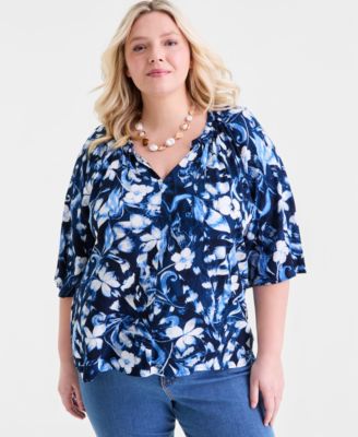 Style & Co - Plus Size Printed Flutter-Sleeve Top