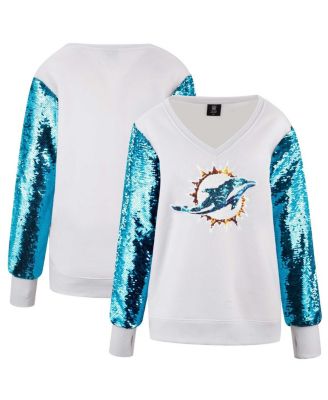 Cuce - Women's White Miami Dolphins Sequin Sleeve V-Neck Pullover Sweatshirt