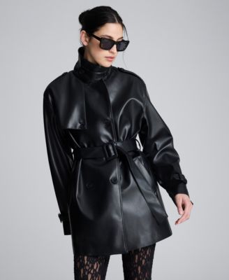 Kenneth Cole - Women’s Faux Leather Double Breasted Belted Trench