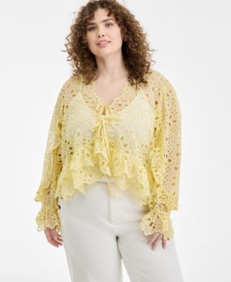 On 34th - Trendy Plus Size Tie-Front Cut-Work Blouse