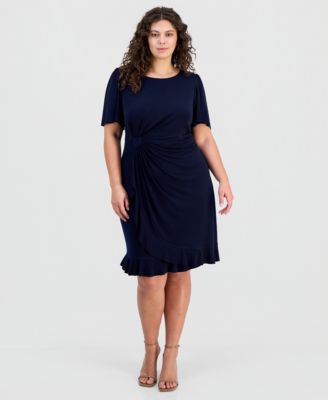 Connected - Plus Size Round-Neck Drape-Front Flutter-Sleeve Dress