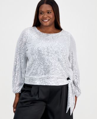 Tahari ASL - Plus Size Sequin Blouson-Sleeve Top