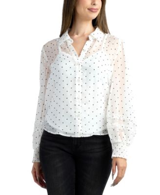 BCX - Women's Flocked Dot Collared Long-Sleeve Top