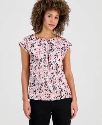 Kasper - Women's Printed Pleat-Neck Blouse
