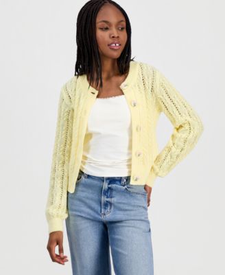 Freshman - Juniors' Embroidered-Button Cable-Knit Cardigan