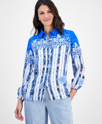 T Tahari - Women's Placed-Floral Button-Down Blouse