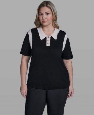 KARL LAGERFELD PARIS - Plus Size Solid Short-Sleeve Polo Sweater