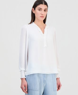 T Tahari - Women's Chiffon Split-Neck Ruffled Blouse
