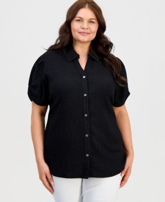 Kasper - Plus Size Button-Front Pleated-Sleeve Top
