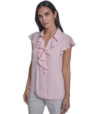 Calvin Klein - Women's Solid Cap-Sleeve Ruffle Front Top