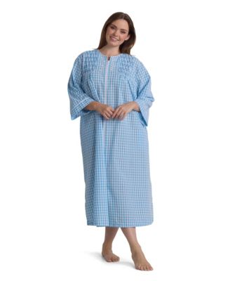 Miss Elaine - Plus Size Window Pane Printed Long Zip Robe