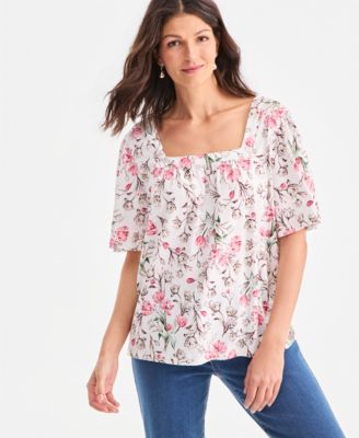 Style & Co - Women's Floral Square-Neck Tulip-Sleeve Top