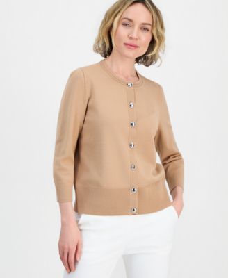 Kasper - Petite Crewneck Front-Button Cardigan