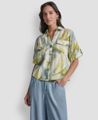 DKNY - Women's Roll-Tab Sleeves Collar Neck Top