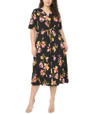 MSK - Plus Size V-Neck Printed Midi Dress