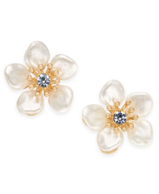 Gold-Tone Crystal & Imitation Pearl Flower Stud Earrings  image