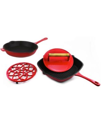 BergHOFF - Neo Cast Iron 4pc Set: Grill Pan, Fry Pan, Steak Press & Trivet, Red