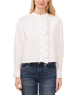CeCe - Women's Ruffled Button-Front Long-Sleeve Cropped Blouse