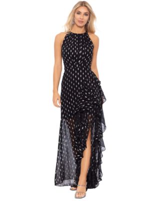 Betsy & Adam - Petite Printed Ruffled Halter Gown