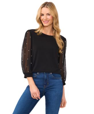 CeCe - Women's Mixed Media Imitation-Pearl-Stud Top