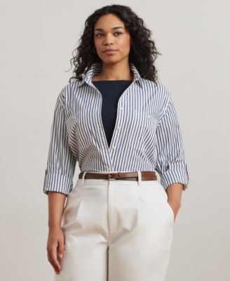 Lauren Ralph Lauren - Plus Size Stripe Roll Tab Button-Down Shirt