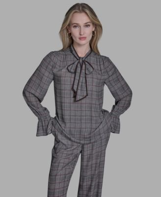 Women's Plaid Long Sleeve Tie Neck Top image