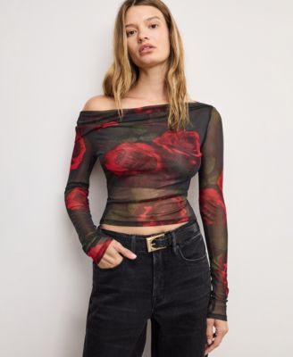 Good American - Women's Mesh Ruched Asymmetric Top, Regular and Plus Size