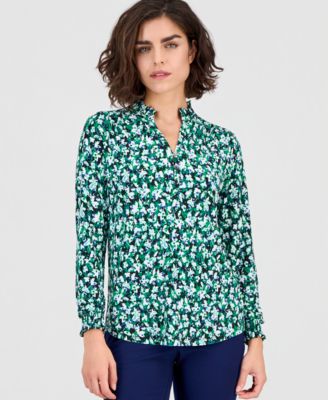 Anne Klein Essentials - Petite Ruffled-Neck Smocked-Cuff Top