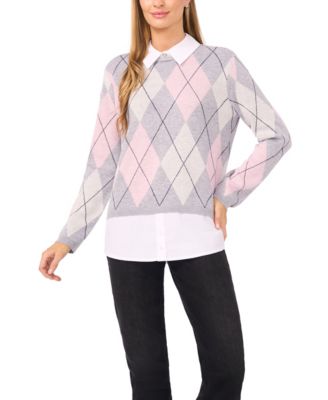 CeCe - Women's Argyle Collared Long Sleeve Twofer Sweater