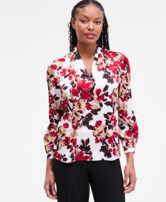 Kasper - Women's Printed Pleated-Shoulder Blouse