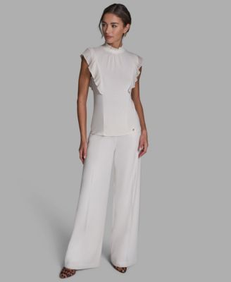 BCBG - Women's Pleated Mock Neck Flutter Sleeve Blouse