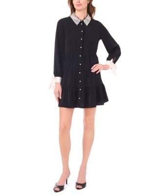 CeCe - Women's Bow Cuff Accent Coll Long-Sleeve Short Dress