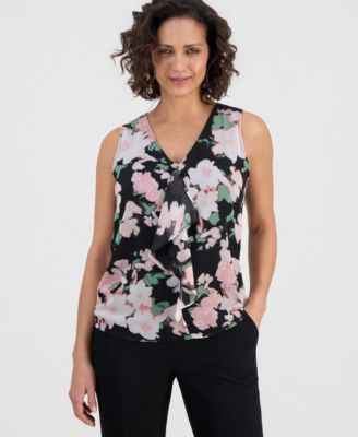 Kasper - Women's Printed Ruffled Sleeveless Blouse
