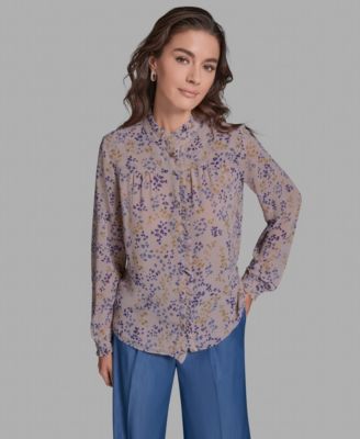 BCBG - Women's Long-Sleeve Printed Ruffle Front Blouse