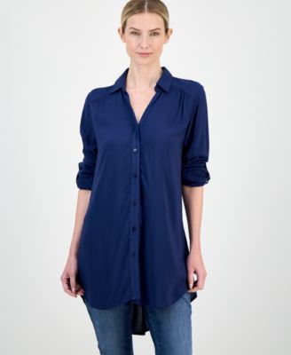 I.N.C. International Concepts - Women's Roll-Tab Button-Down Long Blouse
