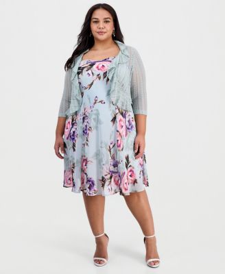 Connected - Plus Size 2-Pc. Floral Chiffon Sleeveless Dress and Ruffle-Front Jacket