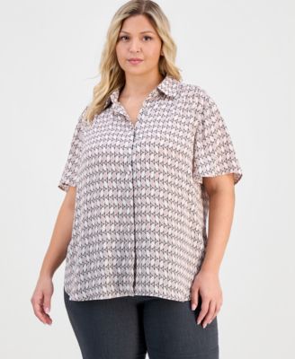 Anne Klein - Plus Size Printed Short-Sleeve Button-Front Shirt