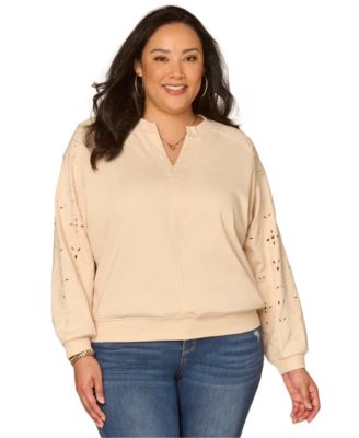 Democracy - Plus Size Long Blouson-Sleeve Embroidered Sweatshirt