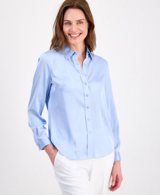 Kasper - Women's Button-Front Long-Sleeve Collared Neck Blouse