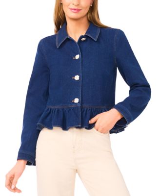 CeCe - Women's Collared Neck Peplum Denim Jacket
