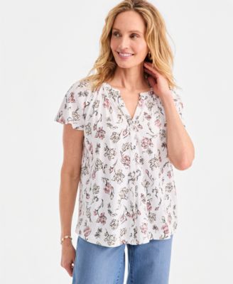 Style & Co - Women's Floral Flutter-Sleeve Button-Front Top