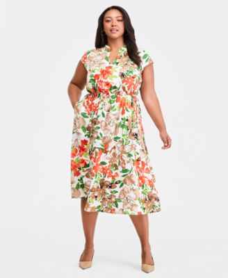 Kasper - Plus Size Printed Split-Neck Cap-Sleeve Dress
