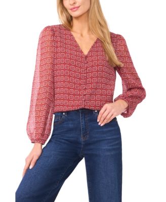 CeCe - Women's Elastic Cuff V-Neck Button Up Blouse