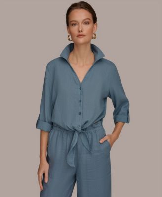 Donna Karan Weekend - Women's Roll-Tab Sleeve Tie-Front Blouse
