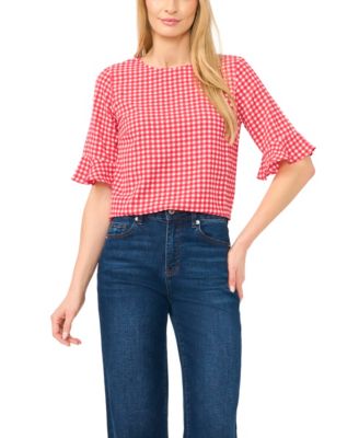 CeCe - Women's Checkered Crewneck Blouse
