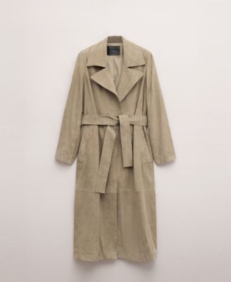 MANGO - Women's Leather Suede Belted Trench Coat