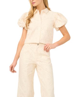 CeCe - Women's Collared Puff-Sleeve Cotton Shirt
