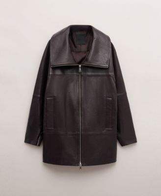 MANGO - Women's Oversized Funnel-Neck Leather Coat