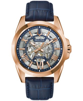 Bulova - Men's Automatic Classic Sutton Blue Leather Strap Watch 46mm